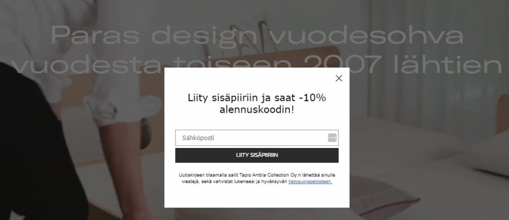 Tapio Anttila Collection uutiskirjeen popup klaviyo sähköpostimarkkinointi