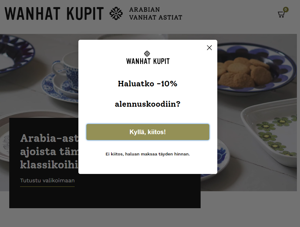 Wanhat Kupit uutiskirjeen popup
